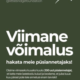 Otsime 200 VIIMAST ANNETAJAT 🥹💕! 

👉🏼MIKS? 
Et meie saaksime keskenduda just lastekodule sissetuleku loomisele, oleks meil hädasti juurde vaja 200 igakuist annetajat, kes annetaks 10 EUROT kuus, et aidata meil katta lastekodu ootamatuid kulusid, arsti arveid ja toidulauda 🤍🌱

Kui meie ei pea otsima iga nädal uusi annetusi - saame suunata oma aja ja abikäed just iseseisvuse loomisesse!

👉🏼Nii on Sul viimane võimalus hakata meie annetajaks, sest poole aasta pärast plaanimegi olla juba iseseisvad! 🥹🕊️

👉🏼Liitu meie erilise looga ja meie omaltpoolt lubame, et 
- 98% annetustest läheb otse abivajajatele
- pakume abi, mis loob iseseisvust
- hoiame selle abiga ka loodust 🌱

👉🏼Hakka meie püsiannetajaks Patreon keskkonnas või tee otsekorraldus pangas, seletusega “püsiannetus”. 

Henessi ja Little Bridge Foundation tiim 💕