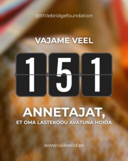 Aita meil puuduolevad annetajat leida! 🪷

Vajame veel 151 püsiannetajat, et oma lastekodu avatuna hoida! Ehk on Sinul võimalik loobuda järgmistel kuudel kahest cappucinost kuus ja kanda see 10 eurot meie lastekodu lastele või ehk aitad meil üleskutset hoopis hea sõbraga jagada? Iga abi on suureks toeks!

👉🏻Hakka püsiannetajaks Patreonis või tee otsekorraldus pangas - info bios! 

Ja suur suur tervitus ja südamlik tänu meie 49 uuele püsiannetajatele!! Koos teiega muudame päriselt maailma! 💕💕🔥